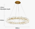 Modern round chandelier with crystal frame, gold accents, adjustable height, three-wire suspension, 80cm wide.