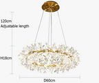 Modern round gold and crystal chandelier, 60 cm diameter, adjustable hanging length, elegant design.