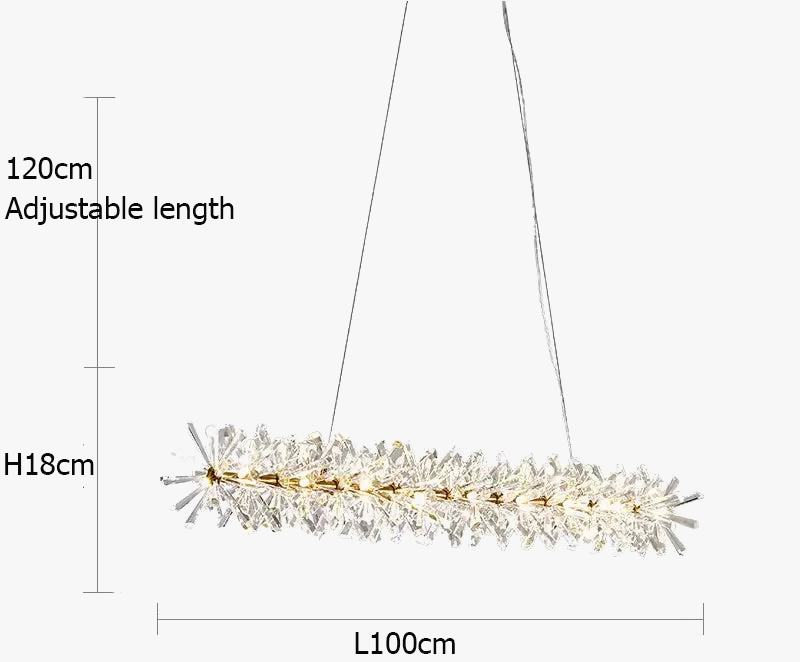Modern round chandelier with sparkling crystals, 100cm long, emits warm light from adjustable cables.