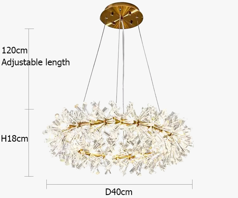 Luxurious gold chandelier with clear crystals, round design, adjustable hang up to 120 cm.