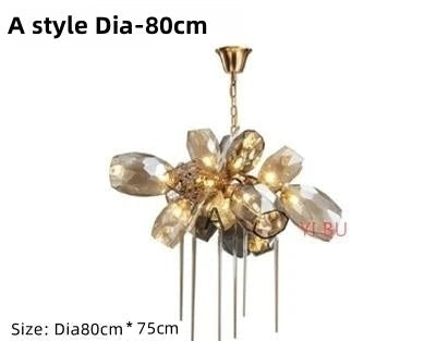 Modern crystal chandelier with gold flower accents, stainless steel frame, and integrated LED lighting, Dia80cm.