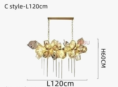 Gold floral chandelier with integrated LED, crystal-like petals, dual chains, rectangular ceiling base, 120x60 cm.
