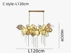 Gold floral chandelier with integrated LED, crystal-like petals, dual chains, rectangular ceiling base, 120x60 cm.