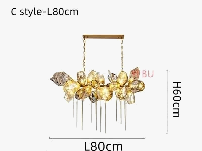 Modern crystal chandelier with stainless steel, gold floral accents, integrated LED, two-chain gold mount.