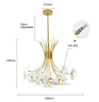 Modern crystal chandelier with floral glass, gold finish, G4 LED bulbs, adjustable rod, and round mount.