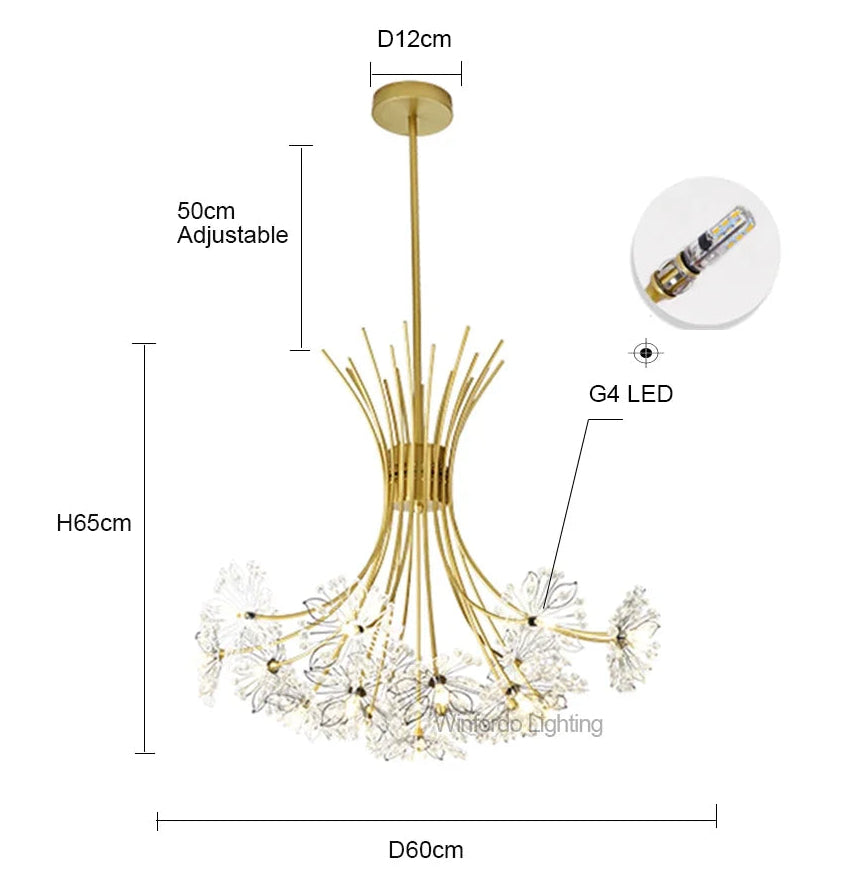 Modern crystal chandelier with floral glass, gold finish, G4 LED bulbs, adjustable rod, and round mount.