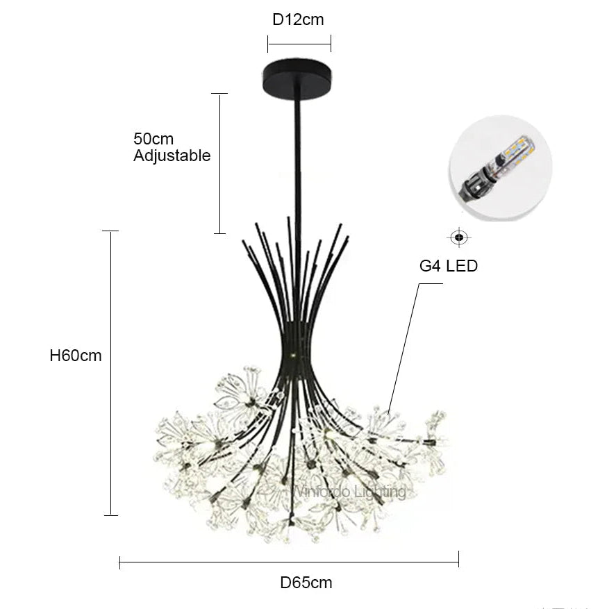 Modern crystal chandelier with black metal branches, clear accents, G4 LEDs; sleek, adjustable height.