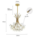 Gold flower-inspired chandelier with crystals, adjustable height, 50cm diameter, G4 LED bulbs.