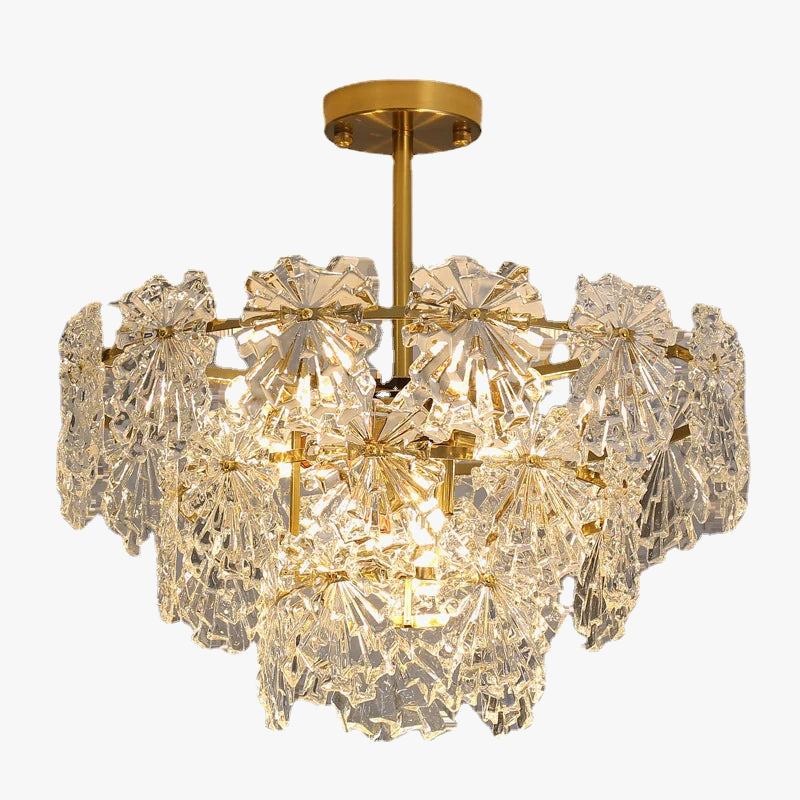 Maison Ornate Crystal Ball Chandelier with floral crystal layers, gold rod, and warm lighting.