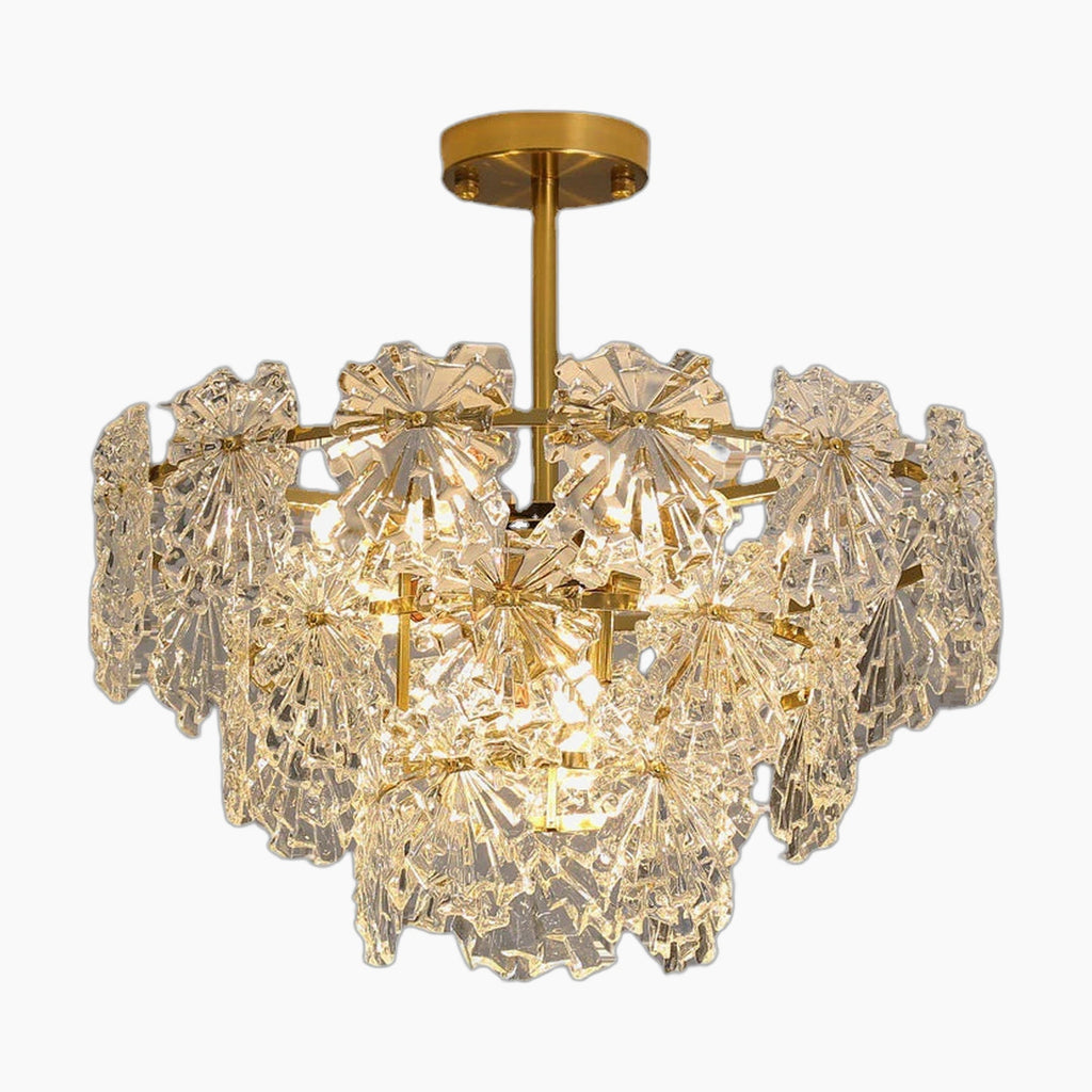Maison Ornate Crystal Ball Chandelier with flower accents, clear textured glass, gold semi-flush mount.