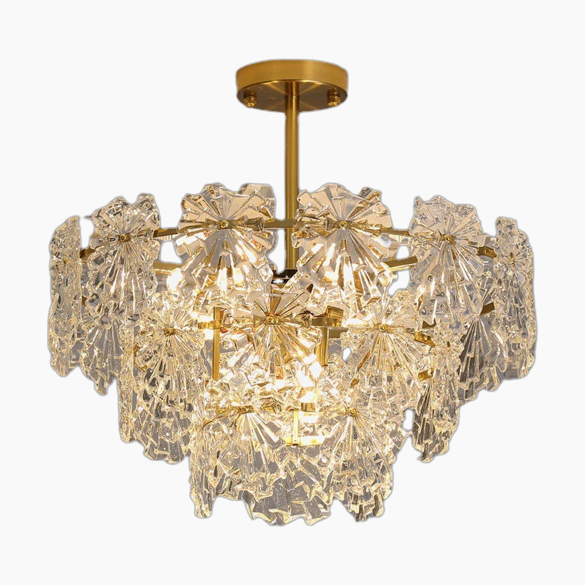 Maison Ornate Crystal Ball Chandelier with flower accents, clear textured glass, gold semi-flush mount.