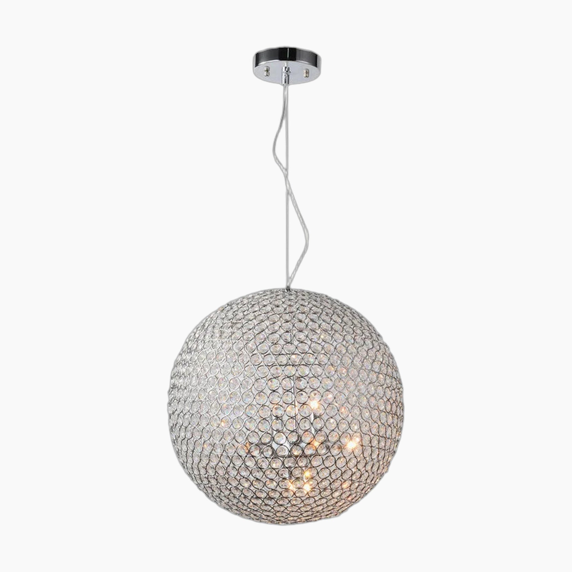 Chrome mesh crystal ball chandelier with white cord; sparkling LED bulbs evoke classic elegance.