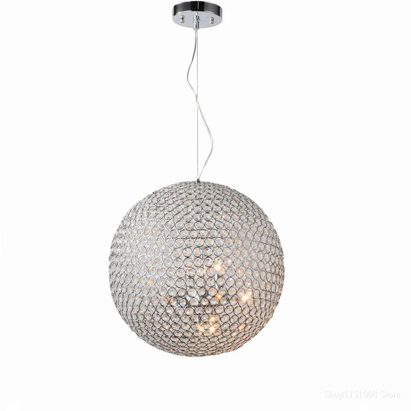 Round crystal ball LED chandelier with chrome finish and sparkling mesh, modern elegant design.