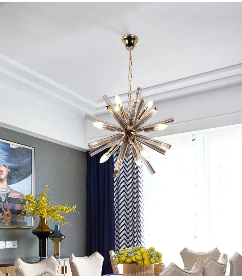 Maison Ornate Crystal Dandelion Design Bedroom Chandelier suspended overhead, showcasing intricate crystal details.