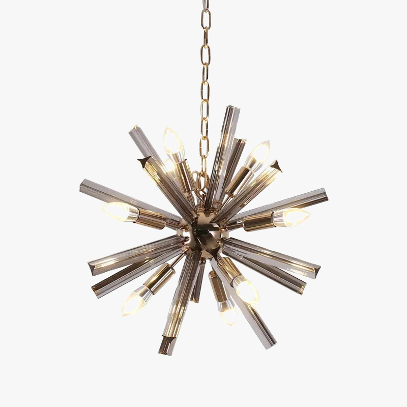 Starburst chandelier with crystal-tipped arms, exposed bulbs, and radiant central sphere design.