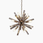Maison Ornate Crystal Dandelion Chandelier with gold chain and sputnik design, exposed bulbs.