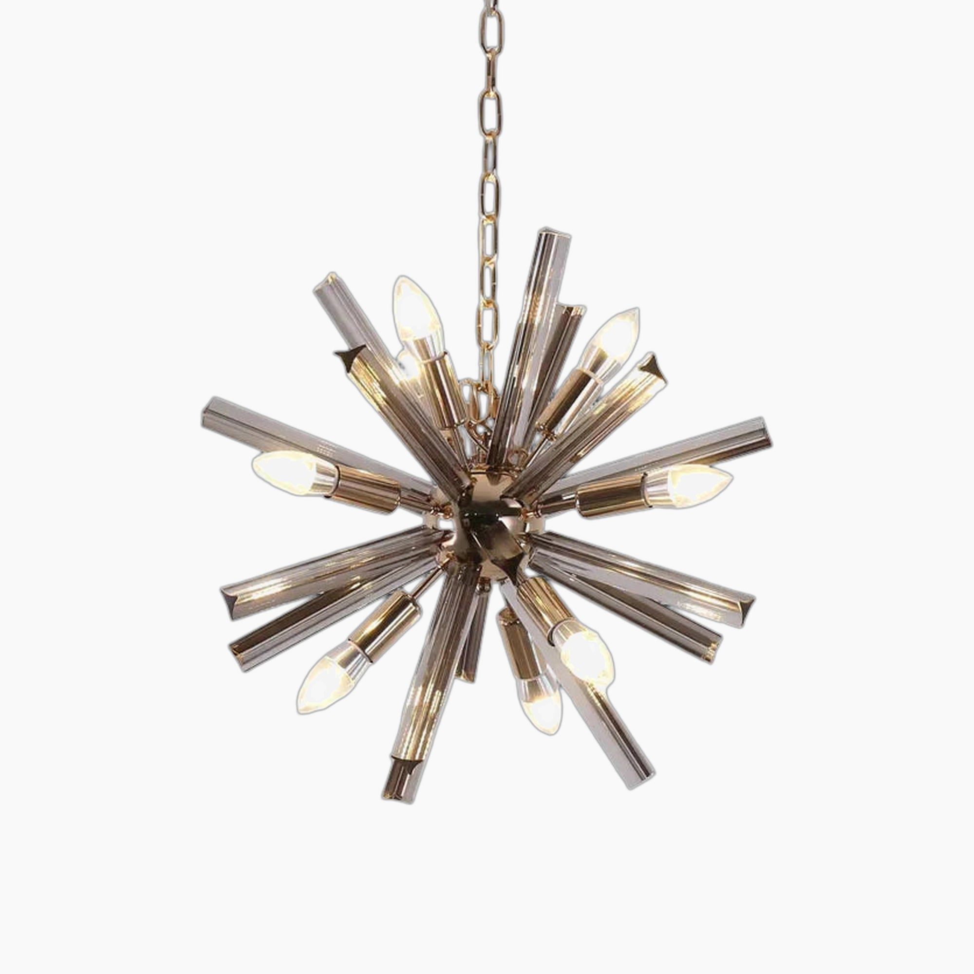 Maison Ornate Crystal Dandelion Chandelier with gold chain and sputnik design, exposed bulbs.
