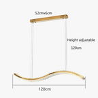 Sleek stainless steel and gold crystal chandelier with wavy 120 cm LED fixture, height adjustable.