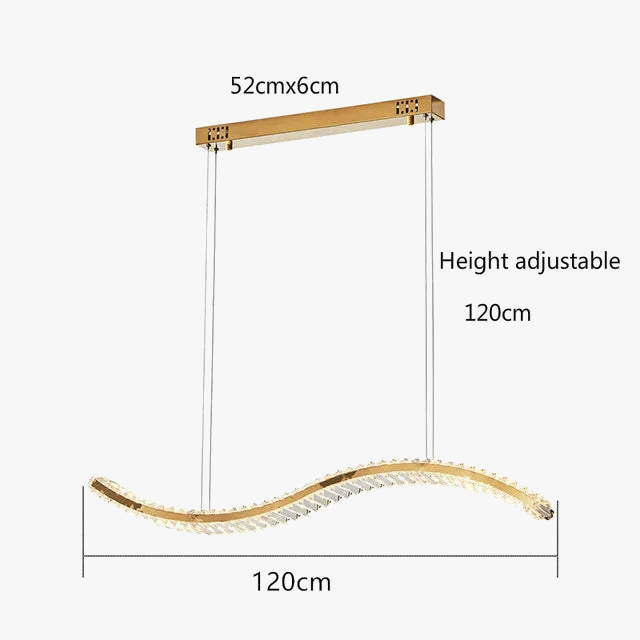 Sleek stainless steel and gold crystal chandelier with wavy 120 cm LED fixture, height adjustable.