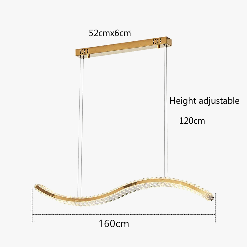 Modern crystal chandelier with gold rectangular mount, stainless bands, adjustable 120 cm height, 160 cm wavy light bar.