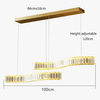Modern chandelier with two wavy crystal-accented bars and stainless steel bands, height adjustable.
