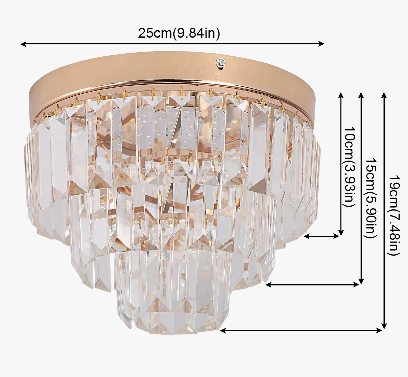 Gold round flush mount chandelier with layered K9 crystal prisms, LED-lit, modern and sparkling.