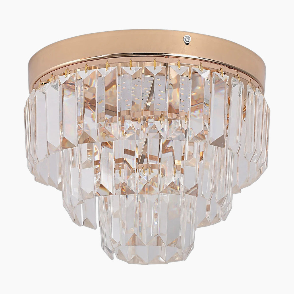 Round gold-base LED chandelier with tiered clear K9 crystal prisms, elegant and decorative.