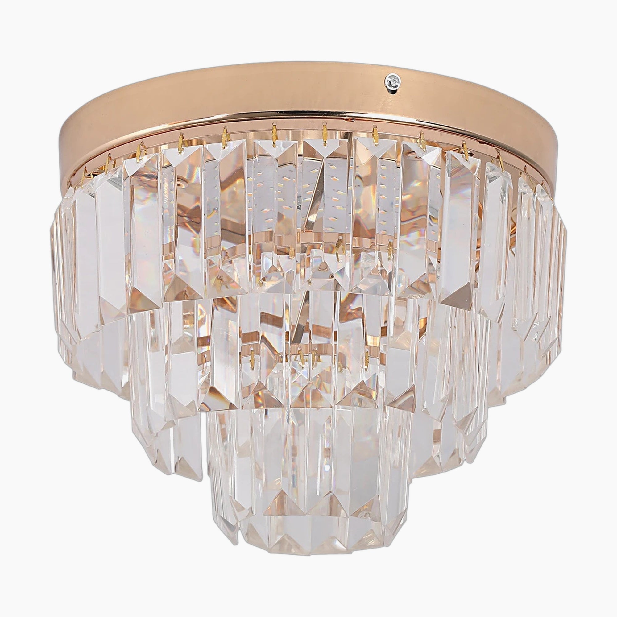 Round gold-base LED chandelier with tiered clear K9 crystal prisms, elegant and decorative.