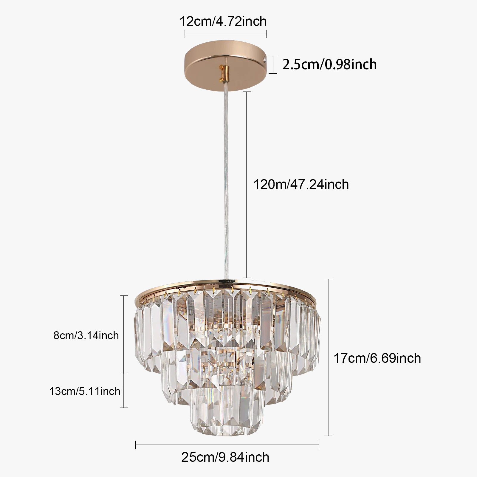 Ornate modern K9 crystal chandelier with LED, 25cm wide, tiered design, adjustable cord.
