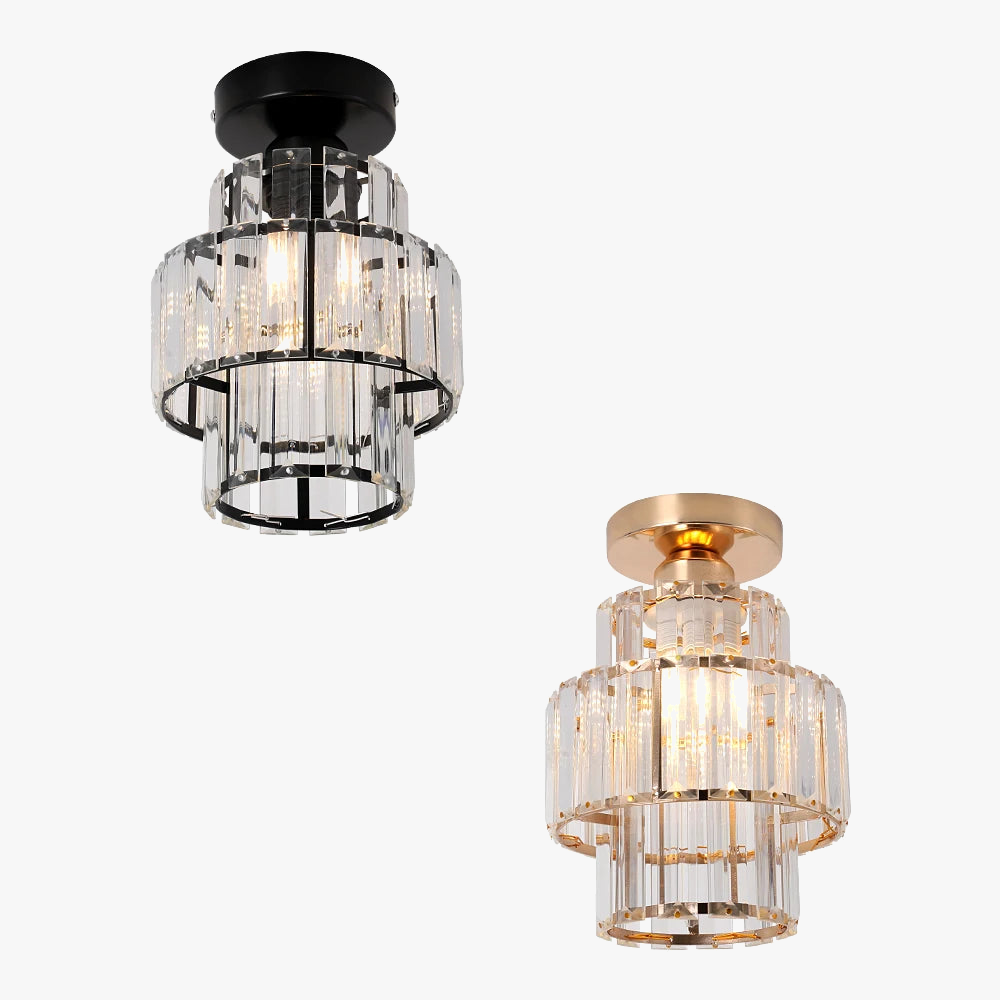 Two ornate modern K9 crystal LED chandeliers, one black base, one gold, with tiered circular crystals.