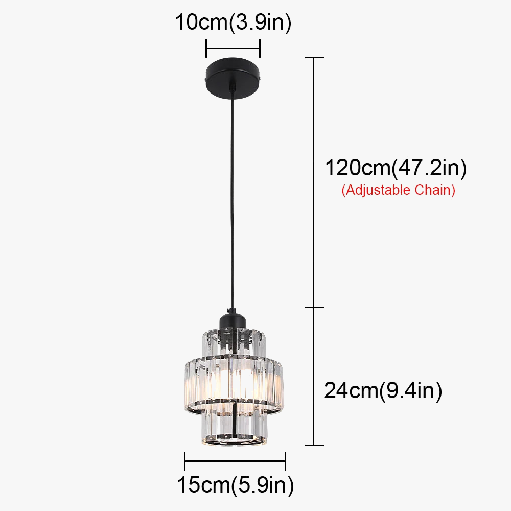 Modern K9 Crystal LED chandelier with black ceiling mount, adjustable chain, and clear glass shade.