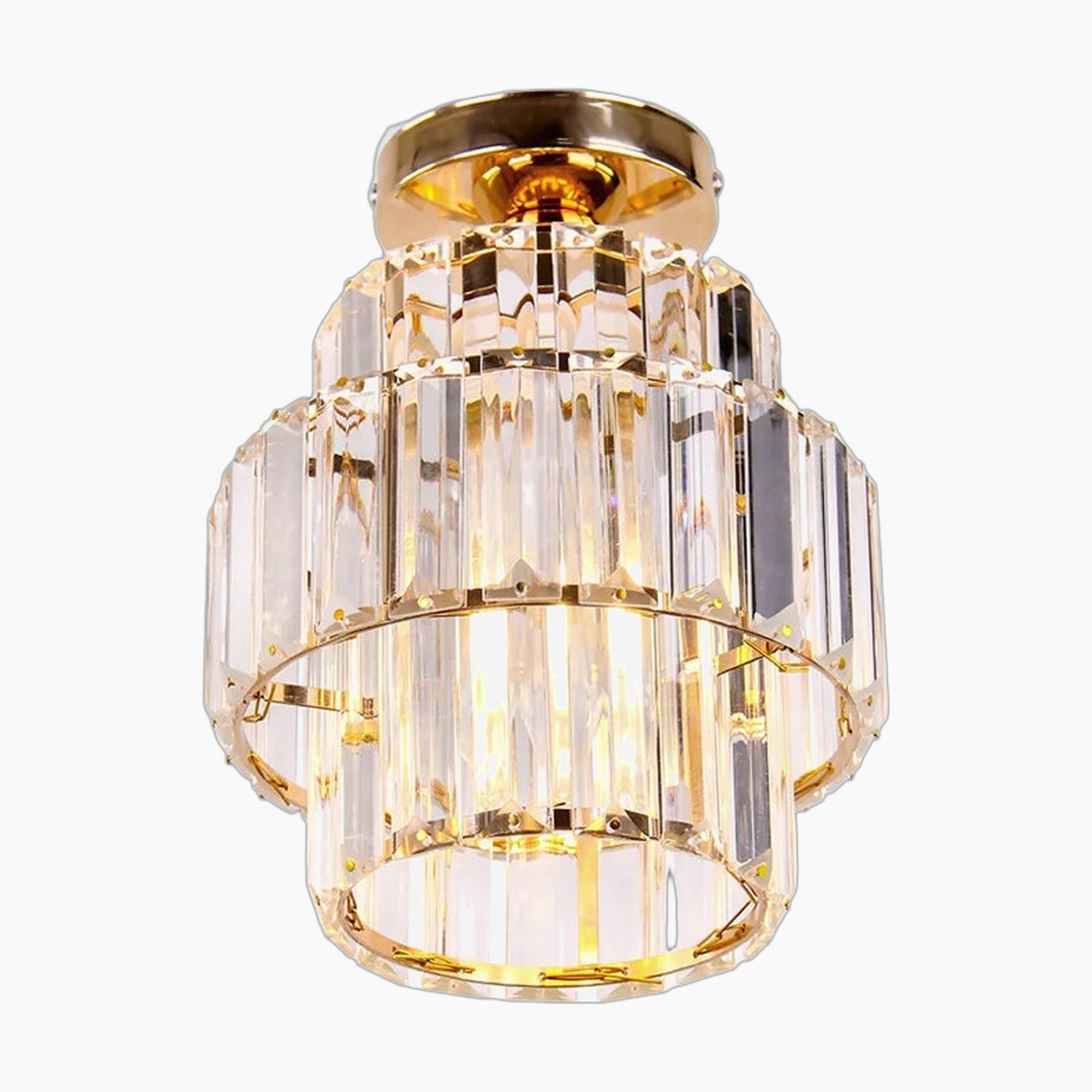 Maison Ornate Modern LED chandelier with tiered K9 crystal prisms in a sleek cylindrical form.