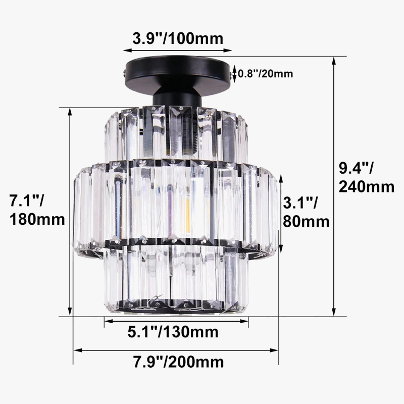 Black-base chandelier with two tiers of vertical K9 crystals; labeled size: 240x200mm, base 100mm.