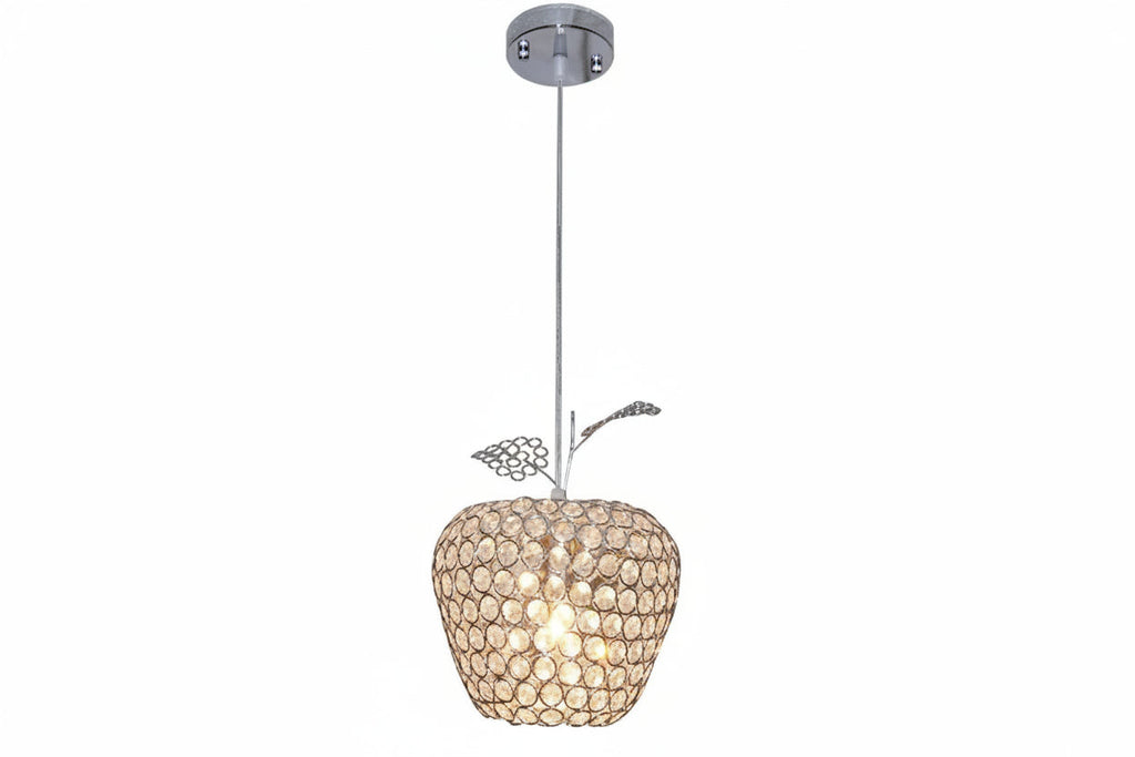 Apple-shaped crystal chandelier with metallic stem, leaf detail, and E27 socket for modern elegance.