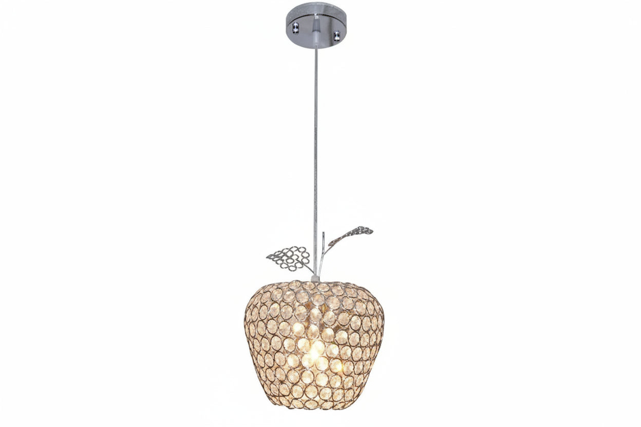 Apple-shaped crystal chandelier with metallic stem, leaf detail, and E27 socket for modern elegance.