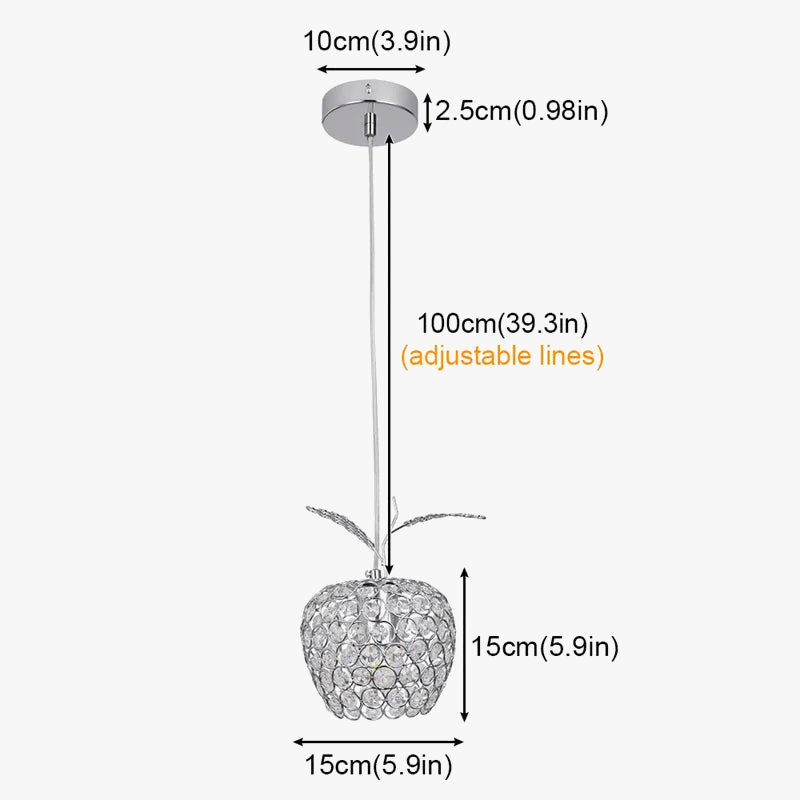 Modern crystal chandelier with apple-shaped shade, E27 socket, and adjustable cord for stylish lighting.