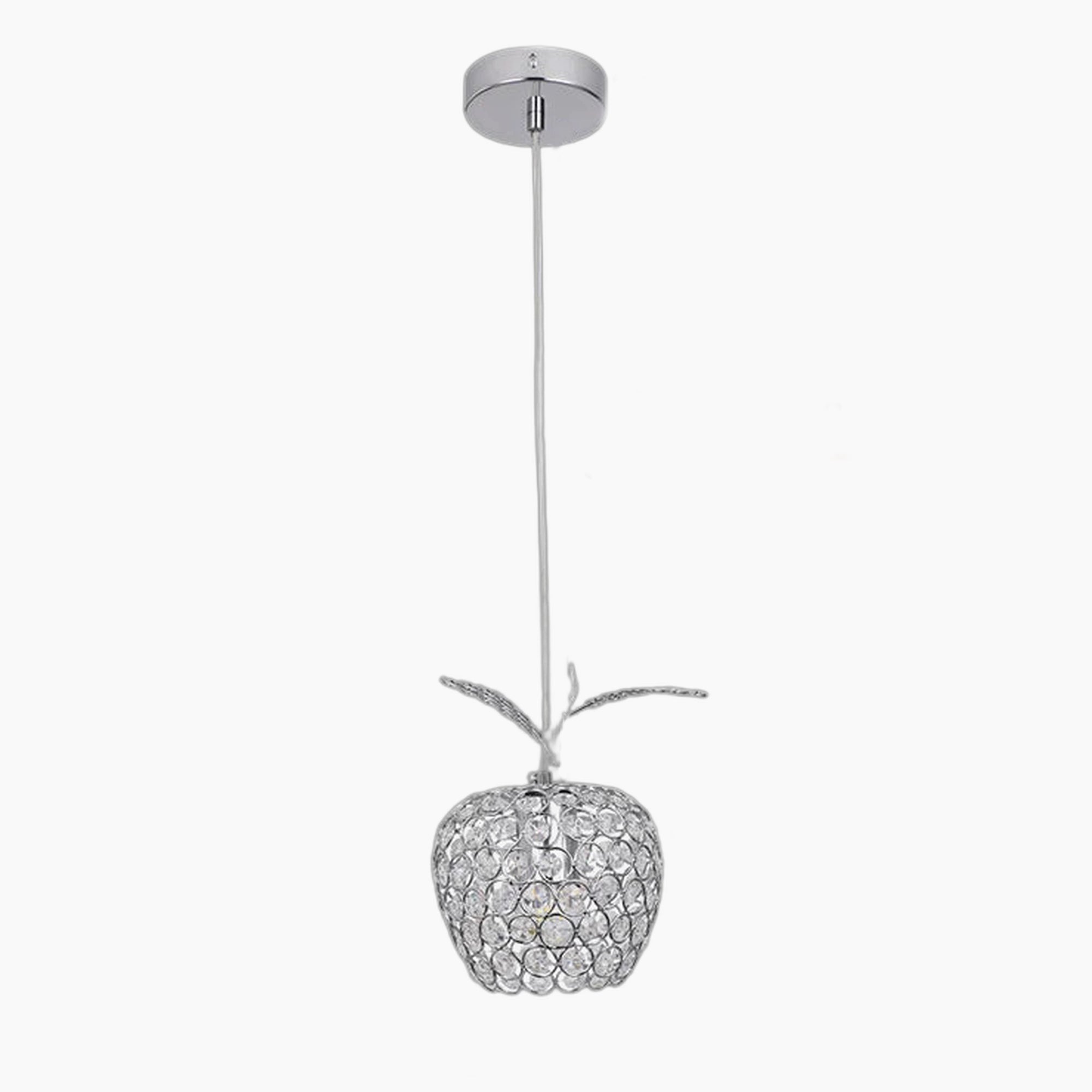 Apple-shaped silver crystal chandelier with white cord, silver mount, E27 socket; modern lighting fixture.