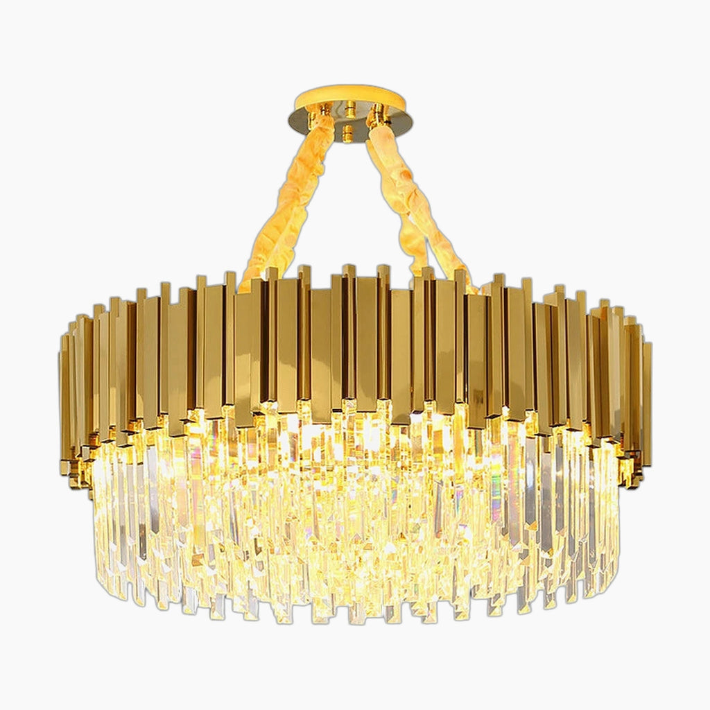 Modern 60 cm chandelier with vertical gold bars, hanging crystal rods, and warm yellow LED light.