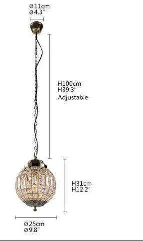 Spherical vintage-style crystal glass chandelier with adjustable metal chain and round ceiling plate.