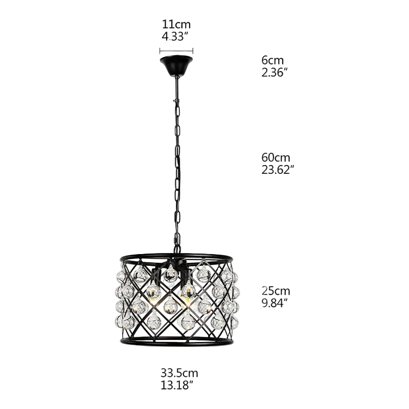Empire Style LED chandelier with black metal drum, crystal accents, 33.5cm wide, elegant product shot.