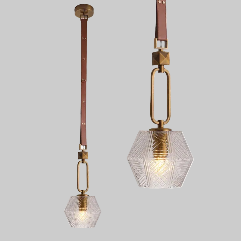 Maison Ornate Crystal Ball Chandelier with brown leather strap, brass hardware, etched glass shade.