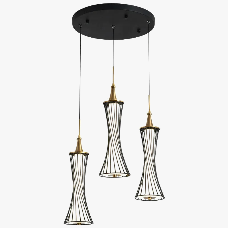 Three modern pendant lights with black wireframe shades and gold accents on a round mount.