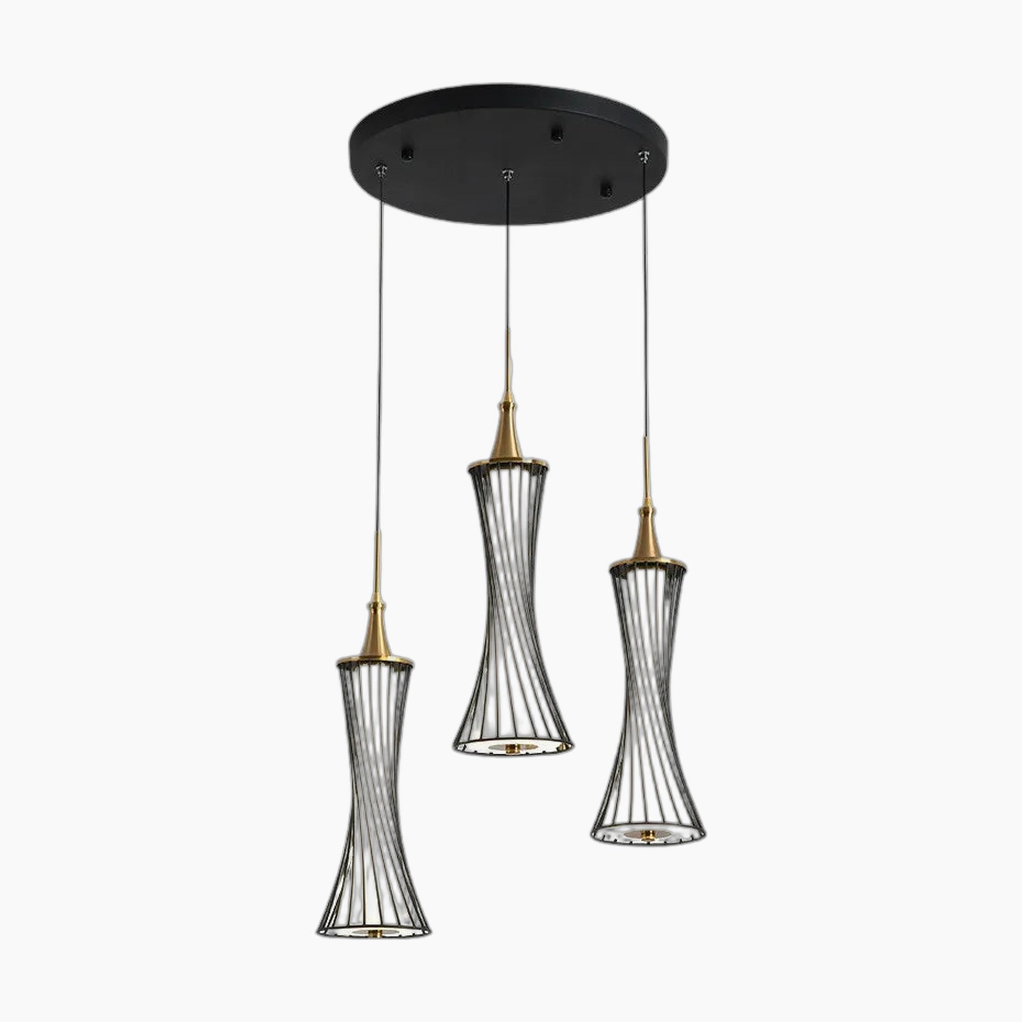 Modern LED crystal chandelier with three gold and black wire cage pendants hanging at varied heights.