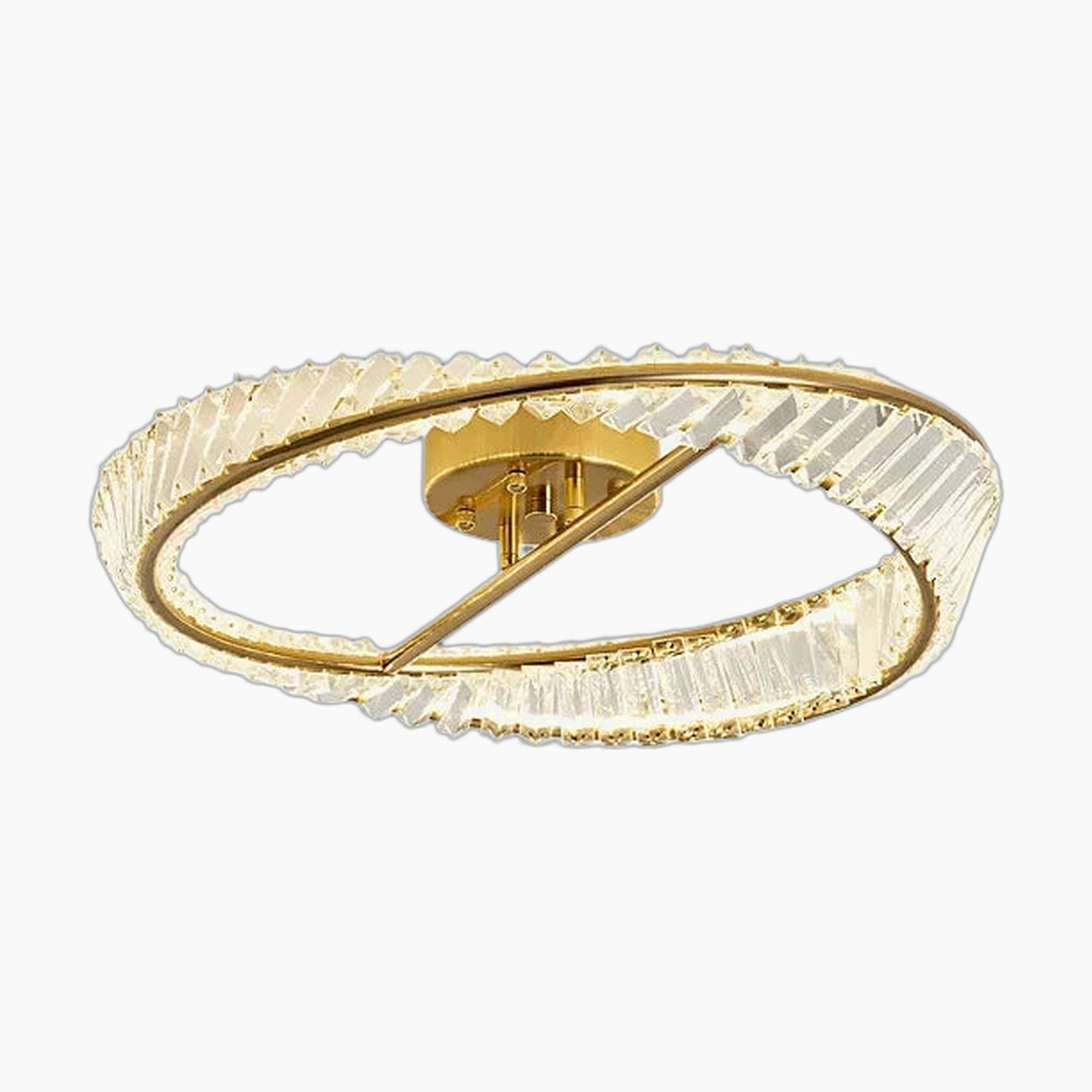 The chandelier has a gold circular frame, textured crystal glass edge, and a diagonal gold bar.