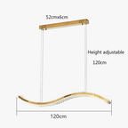 Minimalist crystal glass chandelier with gold base, wavy LED fixture, and labeled adjustable cables.