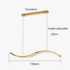 Wave-shaped gold minimalist chandelier with crystal glass, adjustable height, suspended by cables, 150cm wide.