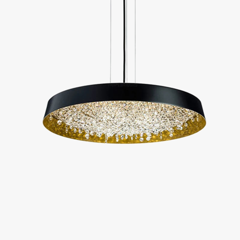 Modern circular chandelier with black rim, gold interior, clear crystals, LED lighting, slim black suspension.