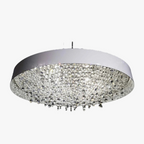 Minimalist crystal chandelier with silver frame, LED lights, and sparkling hanging droplets. Modern design.