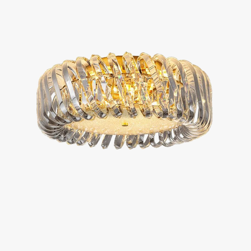 Modern round chandelier with interwoven metallic bands and warm yellow LED crystal lighting.