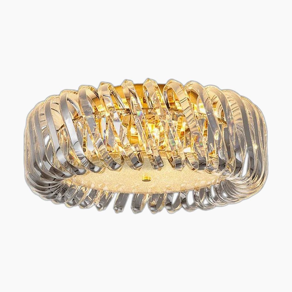 Modern round chandelier with intertwined gold and silver ribbons, warm LED glow, sculptural elegance.